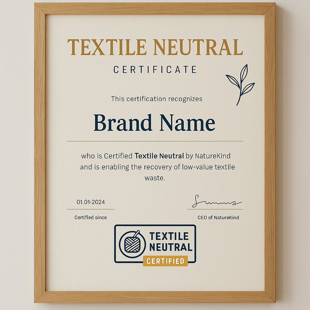 Official Textile Neutral Certificate in wooden frame for office and retail display